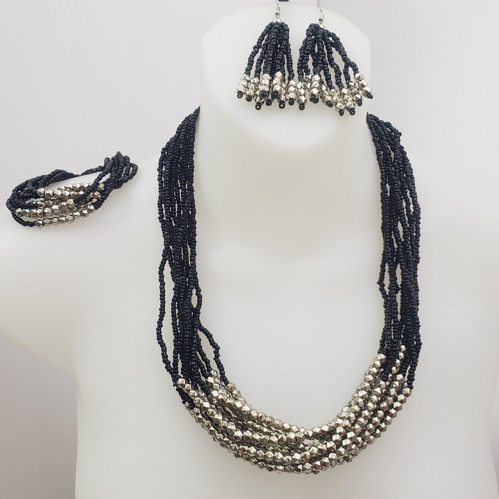 NEW Black Seed Beaded Necklace, Earring, Bracelet Set in Silvertone